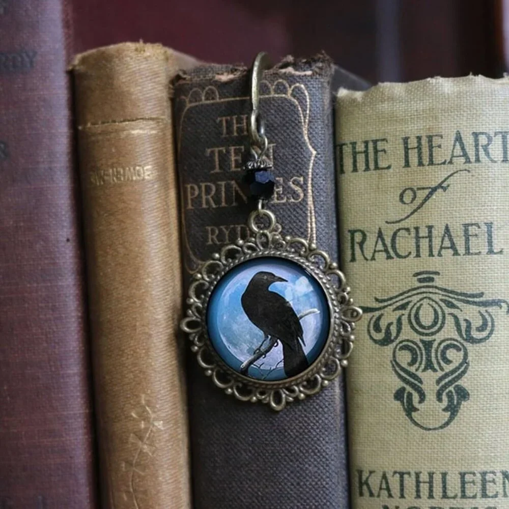 Raven Bookmark - Antique Bronze Glass Cabochon - Vintage Crow‎ Book Hook